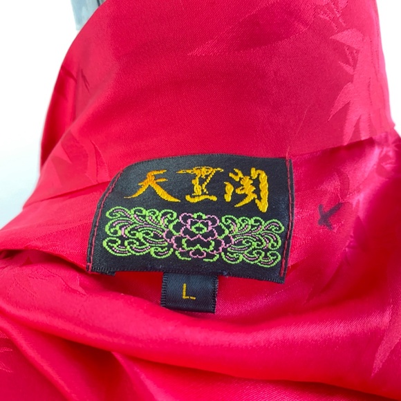 Hot Pink Chinese Peignoir Kimono Short Robe Large Bamboo Leaves Tie Belt Pockets - Picture 15 of 16